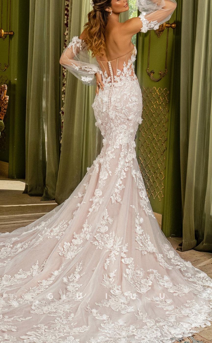 GW629 - Elegant & Luxuxrious Mermaid Sweetheart Long Bishop Sleeves Fully Floral Appliqued and Embossed Wedding Dress with Court Train