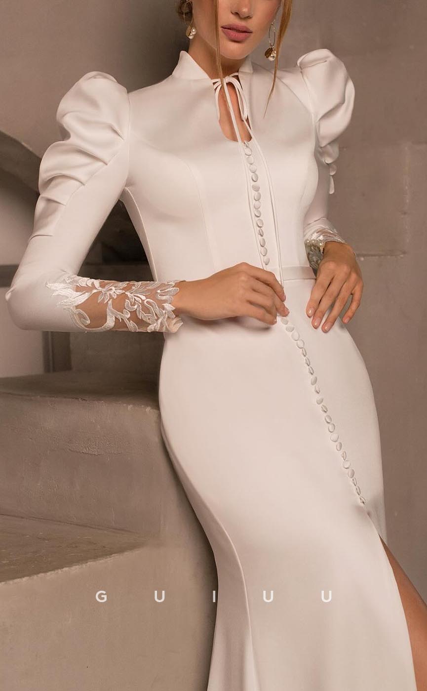 GW630 - Classic & Sheath & Mermaid Timeless High Neck Long Sleeves Embroidered Boho Wedding Dress with Slit
