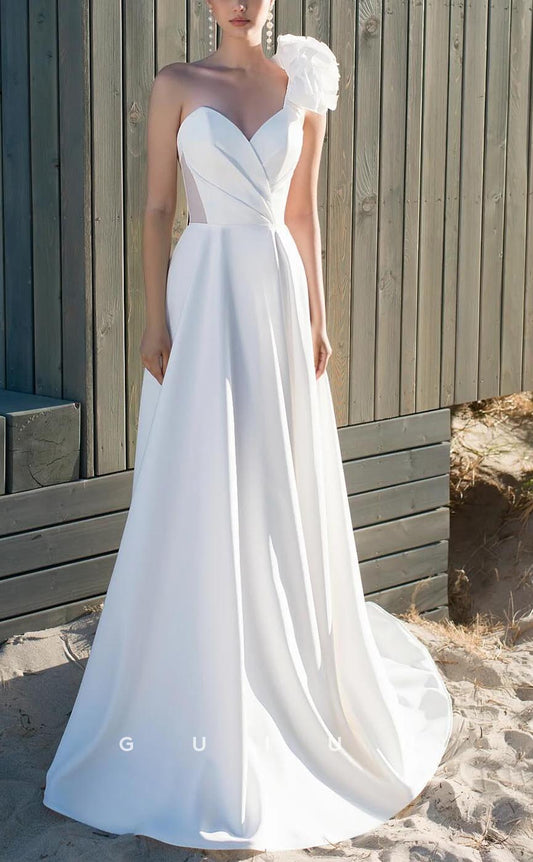 GW631 - Chic & Modern A-line One Shoulder V-neck Draped Boho Wedding Dress