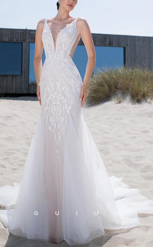 GW632 - Sexy & Hot Sheath V-neck Straps Floral Appliques Illusion Long Wedding Dress with Sweep Train