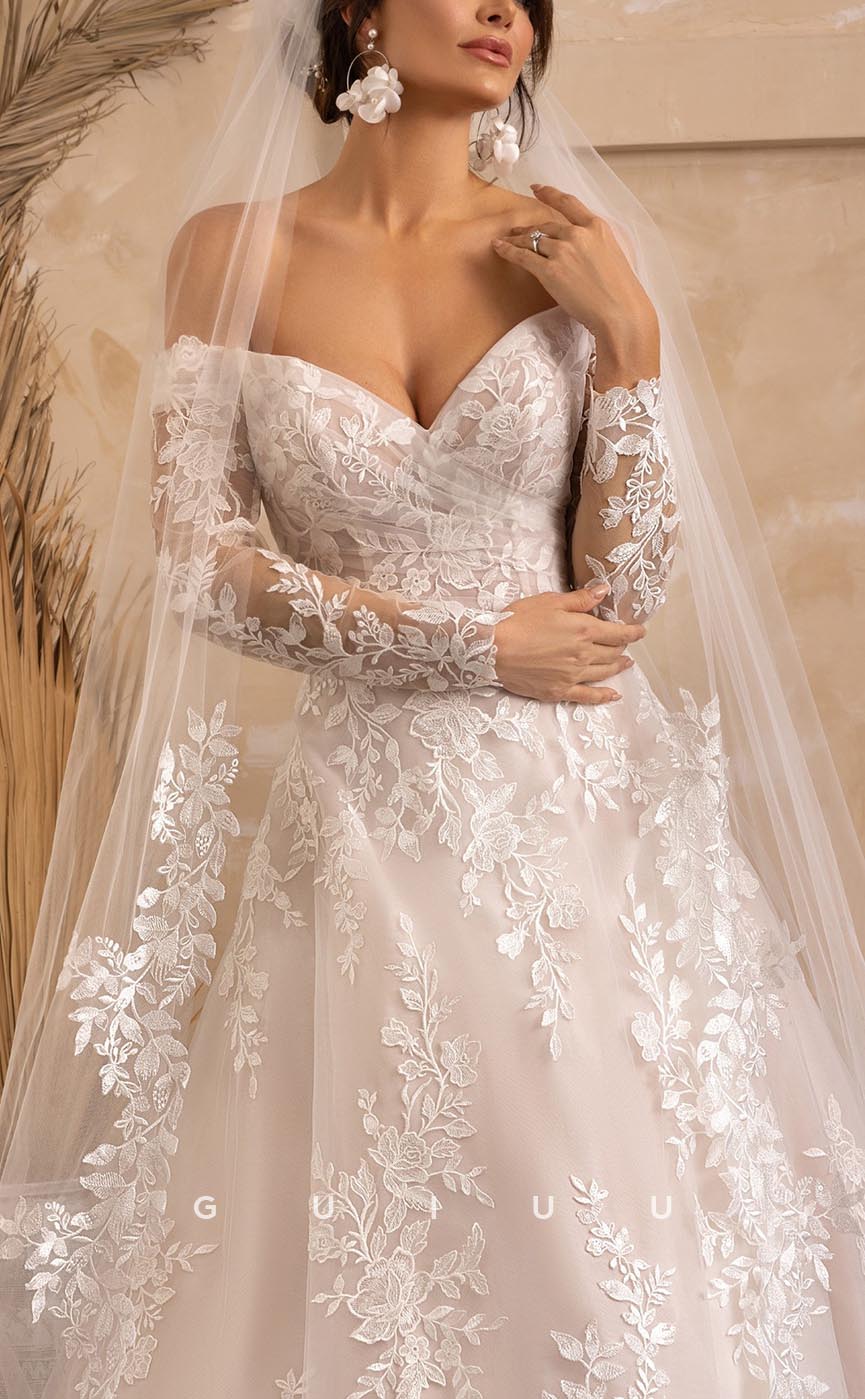 GW634 - Elegant & Luxurious A-line Off Shoulder Allover Floral Appliques Long Sleeves Wedding Dress with Sweep Train