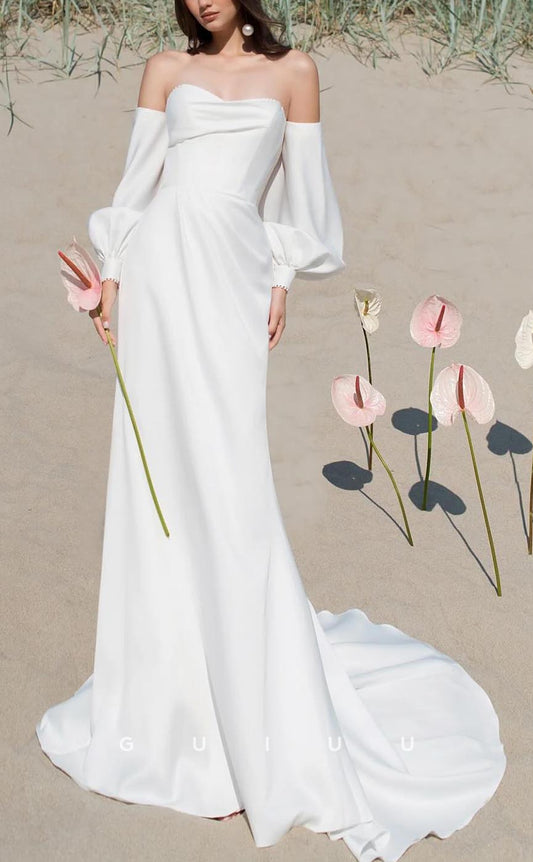 GW635 - Chic & Modern Sheath Sweetheart Long Bishop Sleeves Draped Boho Wedding Dress with Pearls and Sweep Train