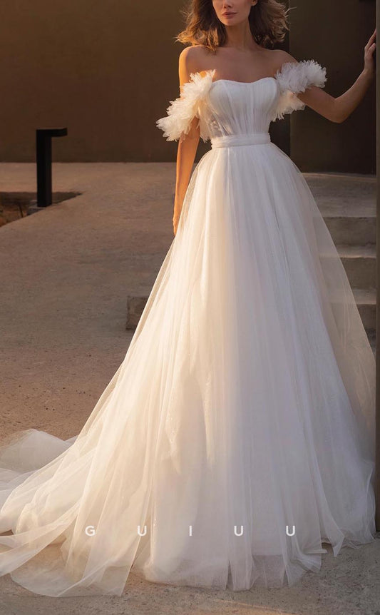 GW637 - Chic & Modern A-ling Off Shoulder Tulle Illusion Draped Long Wedding Dress with Sweep Train