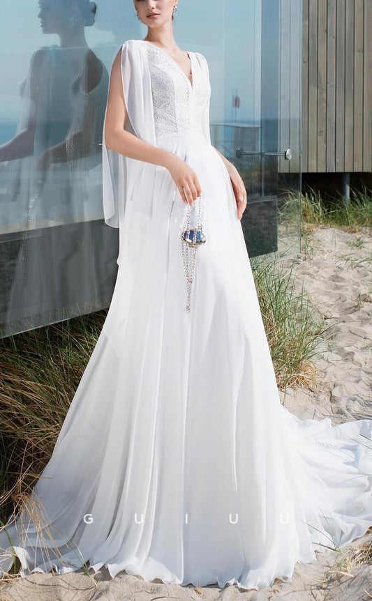 GW638 - Chic & Modern A-Line V-Neck Straps Embroidered Beaded Fringe Wedding Dress with Overlay