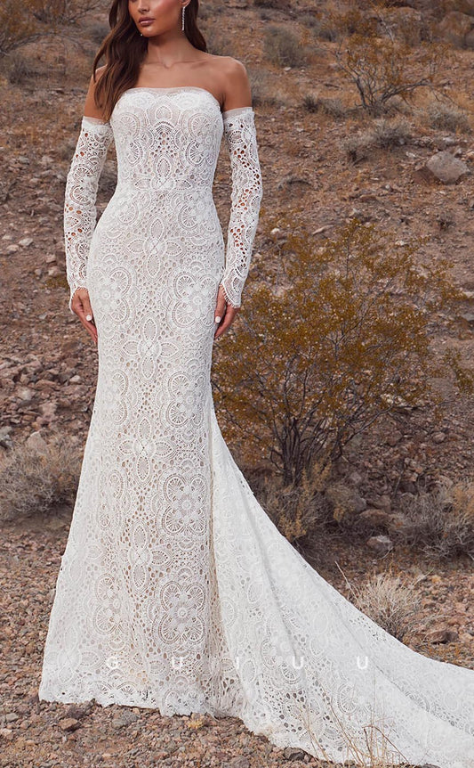GW639 - Sexy & Hot Sheath Strapless Long Sleeves Cut-outs Allover Lace and Floral Appliques Boho Wedding Dress with Sweep Train