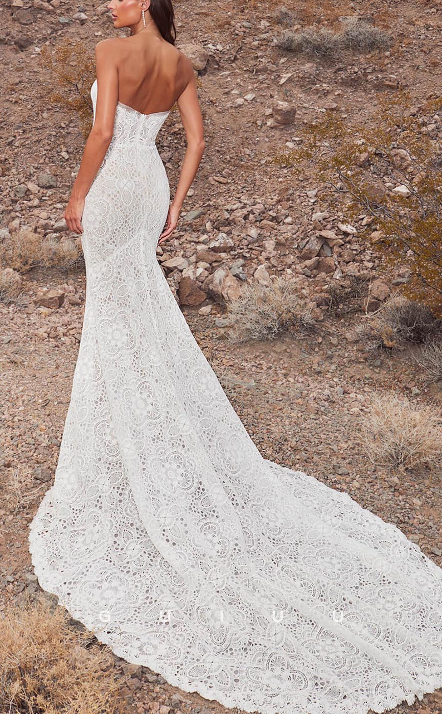 GW639 - Sexy & Hot Sheath Strapless Long Sleeves Cut-outs Allover Lace and Floral Appliques Boho Wedding Dress with Sweep Train