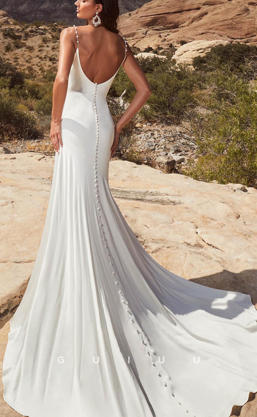 GW643 - Classic & Timeless Mermaid Straps Off Shoulder Beaded Long Sleeves Wedding Dress with High Side Slit and Sweep Train