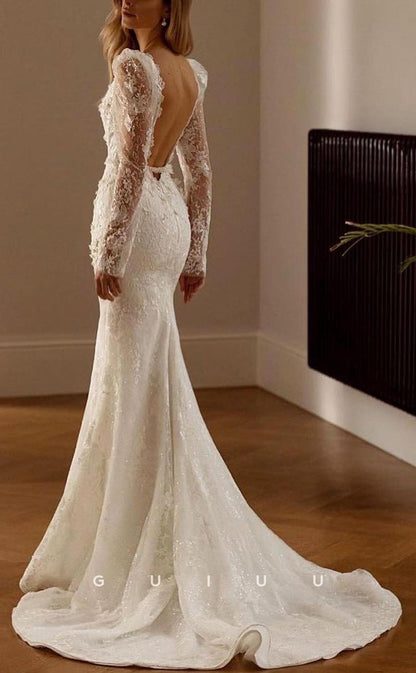 GW647 - Elegant & Luxurious Sheath V-Neck Long Lace Sleeves Floral Appliqued and Embossed Wedding Dress with Sweep Train