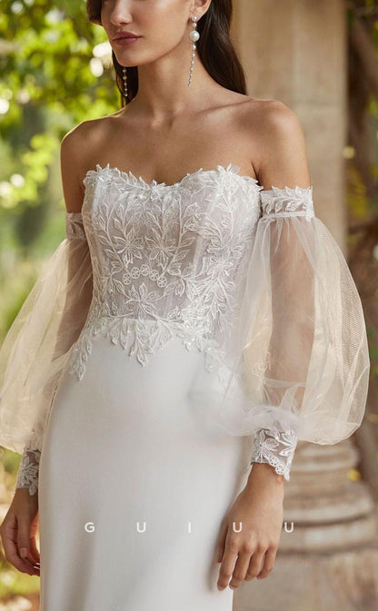 GW648 - Chic & Modern Sheath Strapless Long Bishop Sleeves Floral Appliques Wedding Dress with Sweep Train