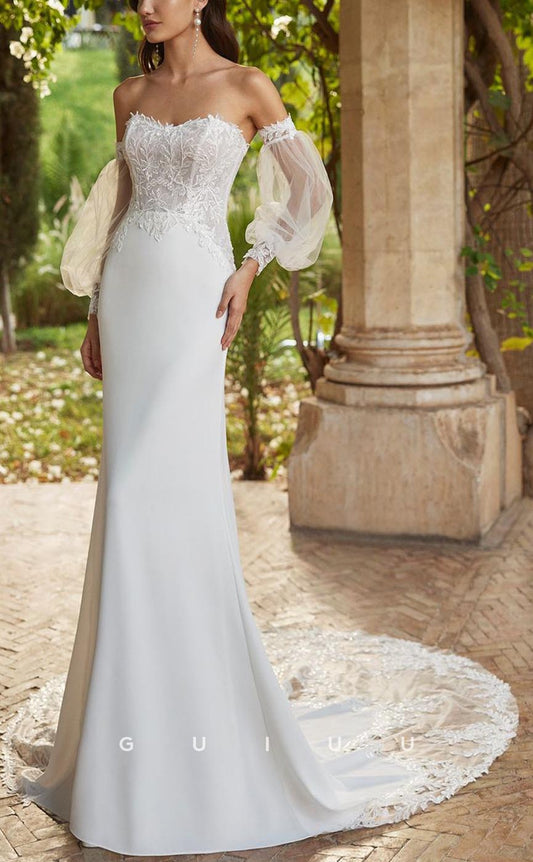 GW648 - Chic & Modern Sheath Strapless Long Bishop Sleeves Floral Appliques Wedding Dress with Sweep Train