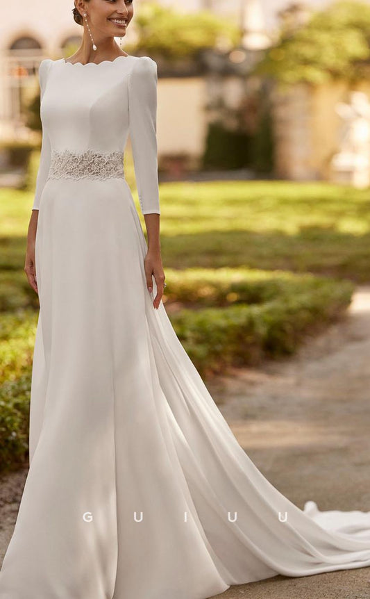 GW651 - Chic & Modern A-Line Bateau Quarter Sleeves V-Back Floral Lace Wedding Dress with Overlay and Sweep Train