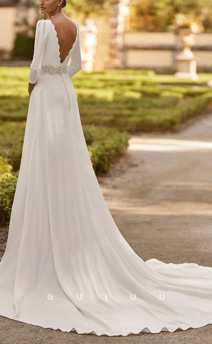 GW651 - Chic & Modern A-Line Bateau Quarter Sleeves V-Back Floral Lace Wedding Dress with Overlay and Sweep Train