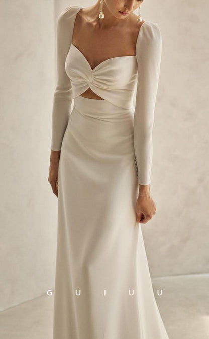 GW652 - Chic & Modern Sheath Sweetheart Long Sleeves Cut-Outs Draped Wedding Dress with Sweep Train