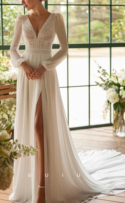 GW653 - Chic & Modern A-Line V-Neck Long Bishop Sleeves Floral Appliques Lace Wedding Dress with High Side Slit and Sweep Train