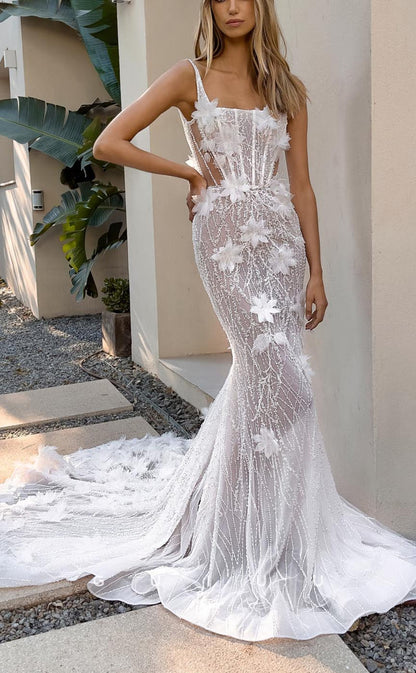 GW655 - Sexy & Hot Mermaid Square Straps Lace Floral Embossed Fully Beaded Long Wedding Dress with Sweep Train