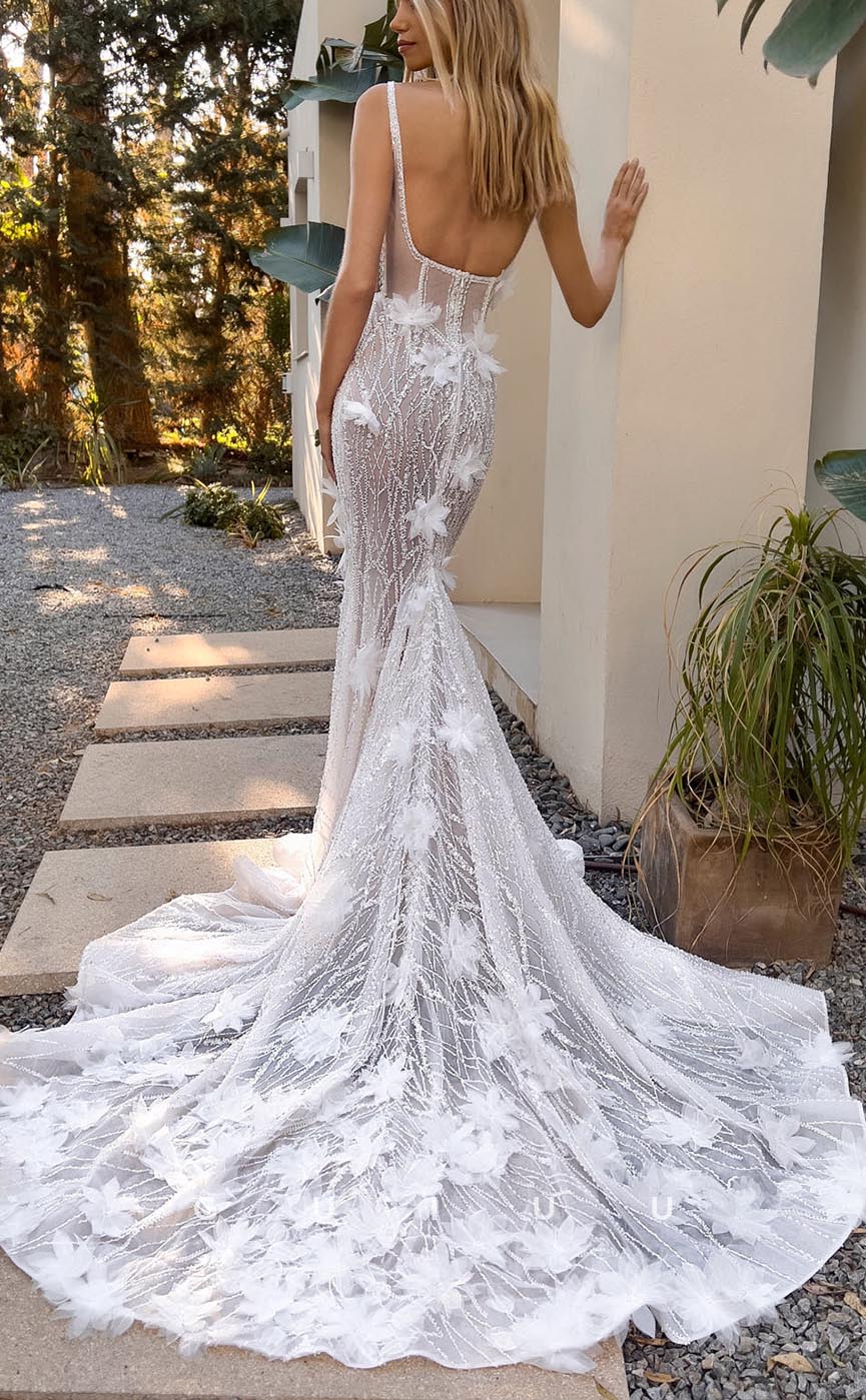 GW655 - Sexy & Hot Mermaid Square Straps Lace Floral Embossed Fully Beaded Long Wedding Dress with Sweep Train