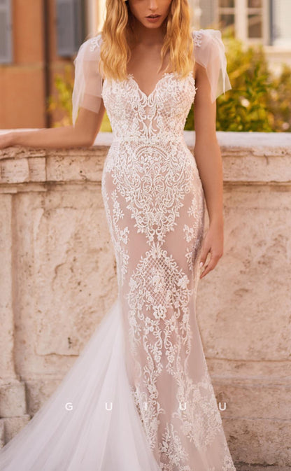GW658 - Sexy & Hot Mermaid V-Neck Allover Lace Tulle Floral Wedding Dress with Sweep Train