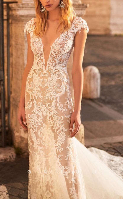 GW659 - Chic & Modern Sheath & Mermaid Plunging V-Neck Allover Floral Lace Wedding Dress with Sweep Train