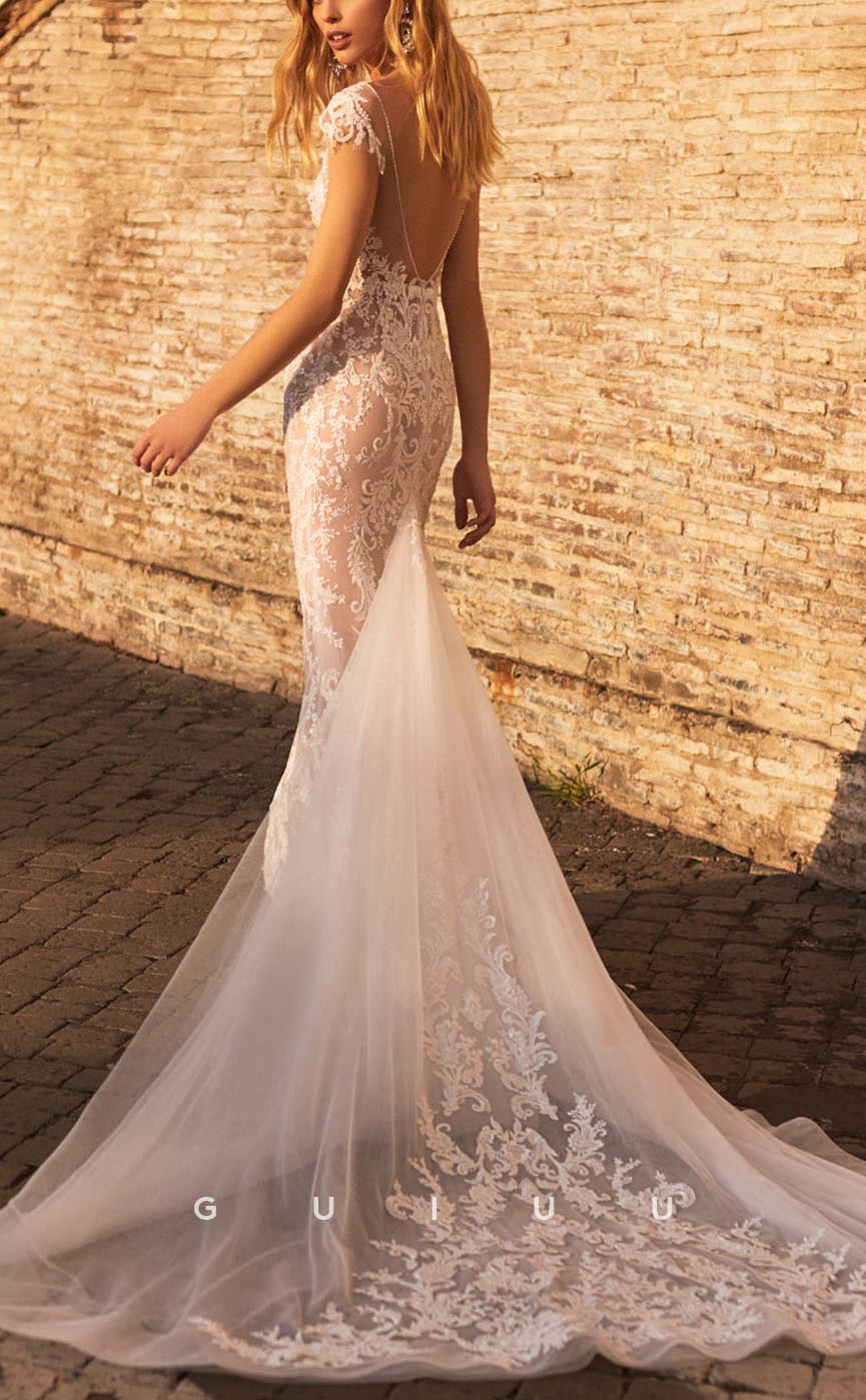 GW659 - Chic & Modern Sheath & Mermaid Plunging V-Neck Allover Floral Lace Wedding Dress with Sweep Train