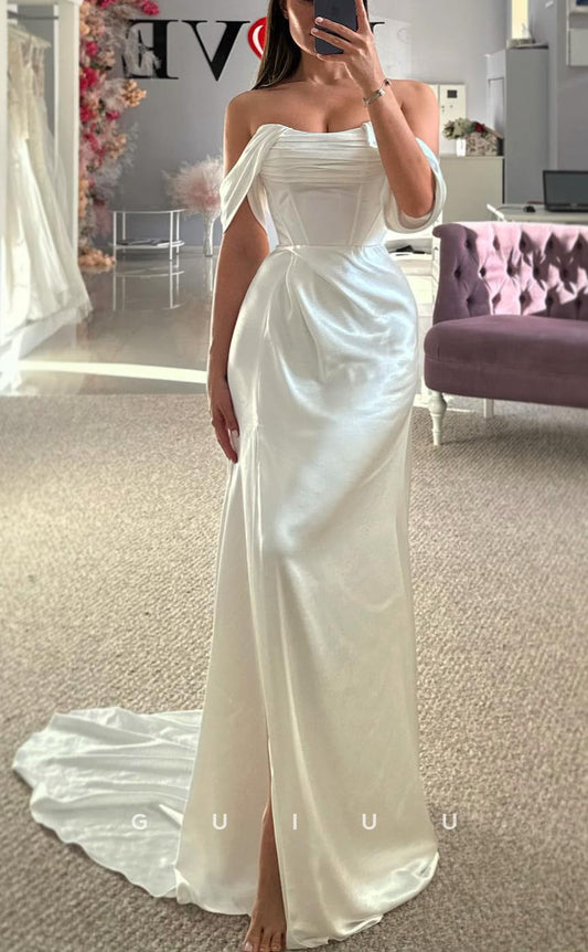 GW664 - Classic Sheath Off Shoulder Draped Satin Wedding Dress with High Side Slit and Sweep Train