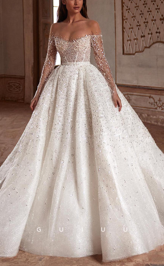 GW665 - Elegant & Luxurious A-Line Bateau Off Shoulder Fully Beaded Long Sleeves Illusion Wedding Dress with Overlay