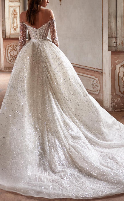 GW665 - Elegant & Luxurious A-Line Bateau Off Shoulder Fully Beaded Long Sleeves Illusion Wedding Dress with Overlay
