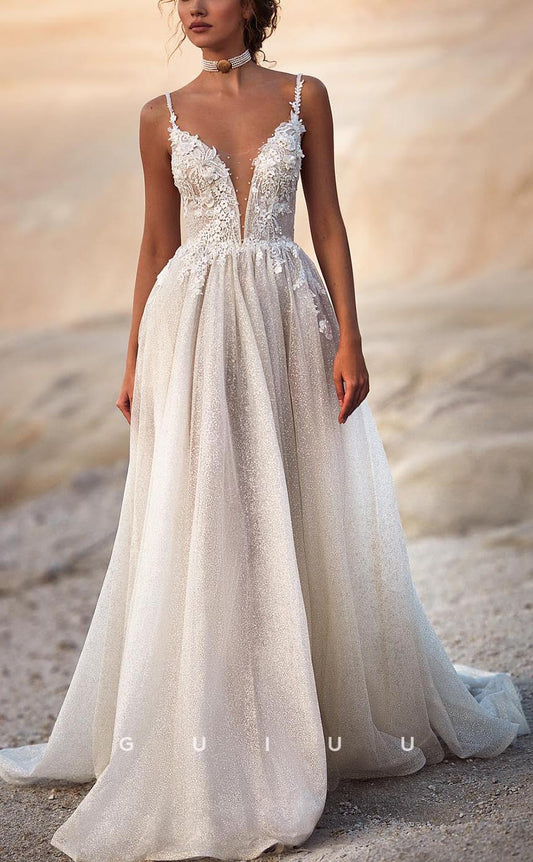 GW666 - Chic & Modern A-Line V-Neck Straps Fully Sequined Floral Embossed Long Wedding Dress with Sweep Train
