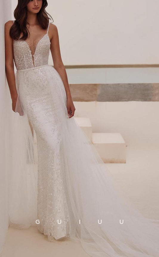GW667 - Sexy & Hot Sheath V-Neck and V-Back Straps Fully Sequined and Beaded Illusion Wedding Dress with Overlay