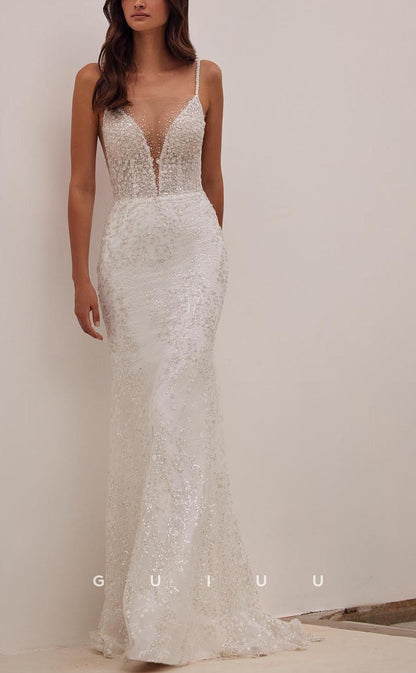 GW667 - Sexy & Hot Sheath V-Neck and V-Back Straps Fully Sequined and Beaded Illusion Wedding Dress with Overlay