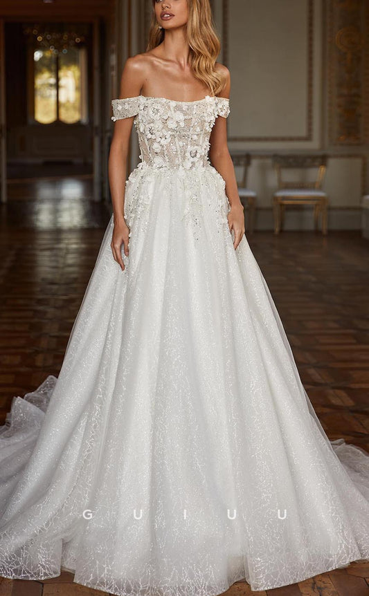 GW668 - Classic A-Line Off Shoulder Tulle Sequined and Floral Embossed Long Wedding Dress with Sweep Train