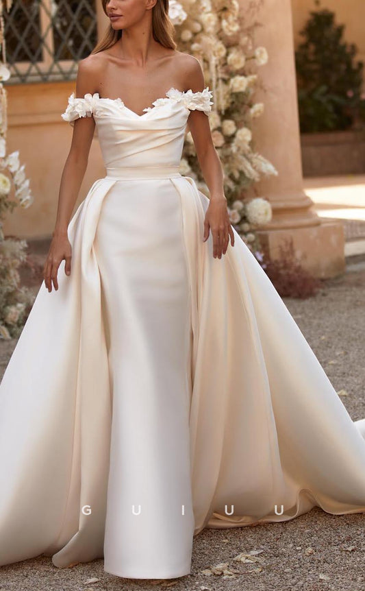 GW670 - Chic & Modern Sheath Off Shoulder Draped Floral Embossed Wedding Dress with Overlay