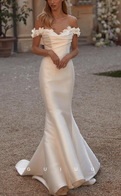 GW670 - Chic & Modern Sheath Off Shoulder Draped Floral Embossed Wedding Dress with Overlay