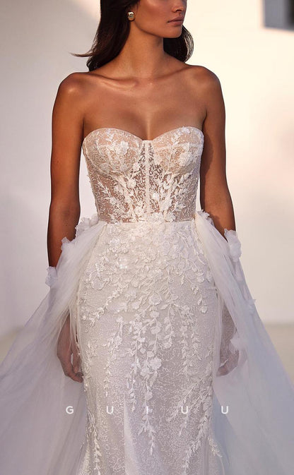 GW673 - Classic & Timeless Sheath Sweetheart Allover Lace Floral Embossed Wedding Dress with Overlay and Sweep Train