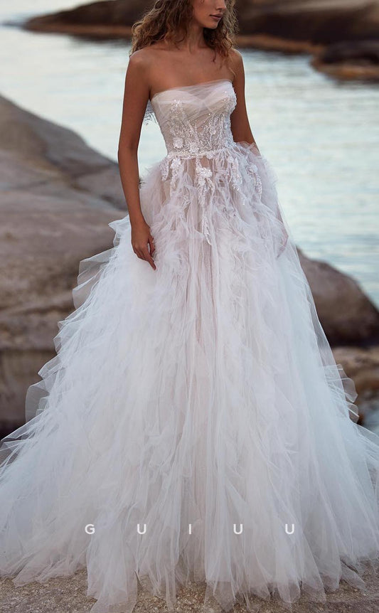 GW675 - Chic & Modern A-Line Strapless Tulle Floral Embossed Beaded Ballgown Wedding Dress with Sweep Train
