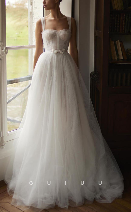 GW677 - Chic & Modern A-Line Sweetheart Straps Tulle Draped and Pleated Wedding Dress with Sash and Bowknot