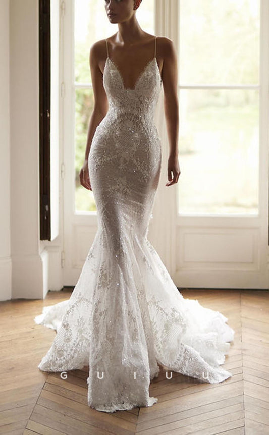 GW679 - Sexy & Hot Mermaid V-Neck Straps Fully Appliqued Beaded Wedding Dress with Sweep Train