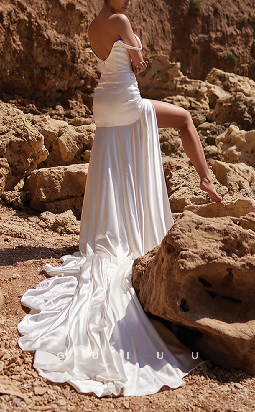 GW680 - Classic & Timeless Sheath Square Draped Sequined Boho Wedding Dress with High Side Slit and Sweep Train