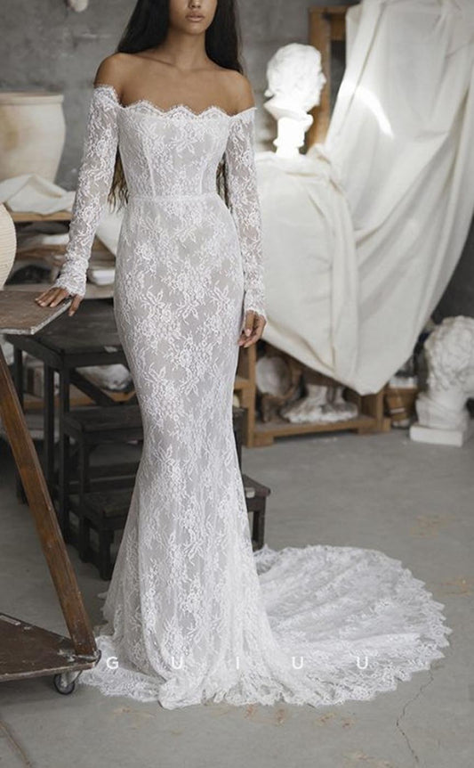 GW681 - Classic & Modern Sheath Off Shoulder Allover Lace and Appliques Wedding Dress with Long Sleeves and Sweep Train
