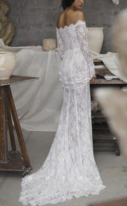 GW681 - Classic & Modern Sheath Off Shoulder Allover Lace and Appliques Wedding Dress with Long Sleeves and Sweep Train