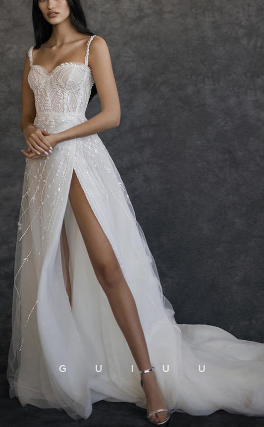 GW683 - Classic & Timeless A-Line Sweetheart Sequined and Appliqued Wedding Dress with High Side Slit and Sweep Train