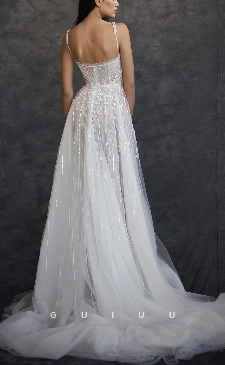 GW683 - Classic & Timeless A-Line Sweetheart Sequined and Appliqued Wedding Dress with High Side Slit and Sweep Train
