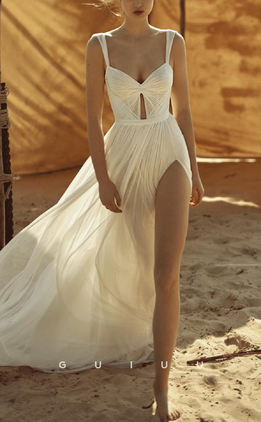 GW686 - Chic & Modern A-Line V-Neck Draped and Pleated Boho Wedding Dress with High Side Slit