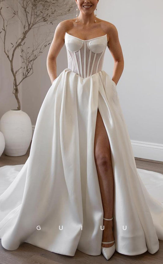 GW689 - Classic & Timeless A-Line Strapless Illusion Draped Wedding Dress with High Side Slit and Sweep Train