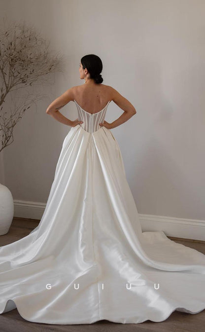 GW689 - Classic & Timeless A-Line Strapless Illusion Draped Wedding Dress with High Side Slit and Sweep Train