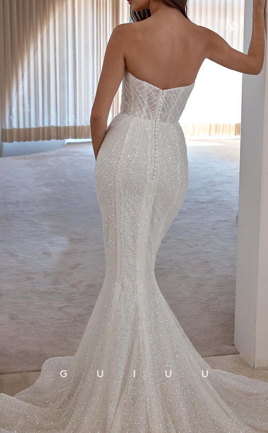 GW690 - Sexy & Hot Mermaid Sweetheart Strapless Fully Sequined Draped Wedding Dress
