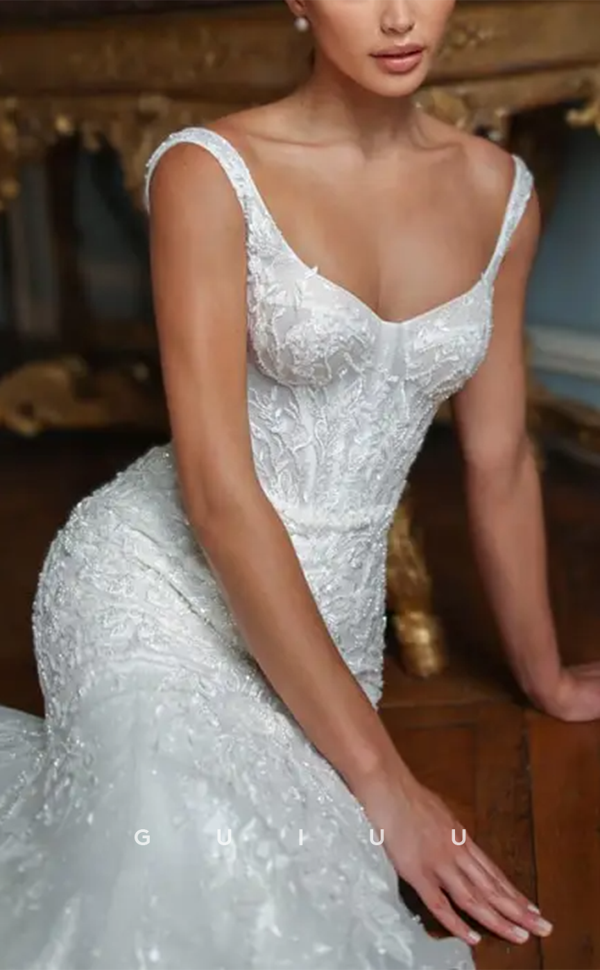GW693 - Sexy & Hot Mermaid Scoop Straps Fully Beaded and Appliqued Foliage Draped Wedding Dress with Sweep Train