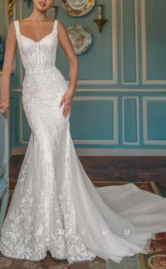 GW693 - Sexy & Hot Mermaid Scoop Straps Fully Beaded and Appliqued Foliage Draped Wedding Dress with Sweep Train