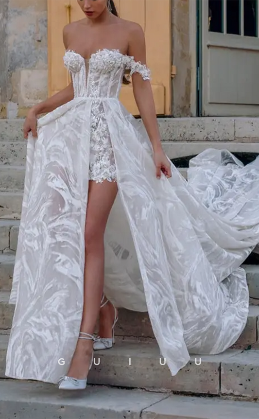 GW694 - Chic & Modern A-Line Off Shoulder Floral Embroidery Beaded Boho Wedding Dress with High Side Slit and Overlay
