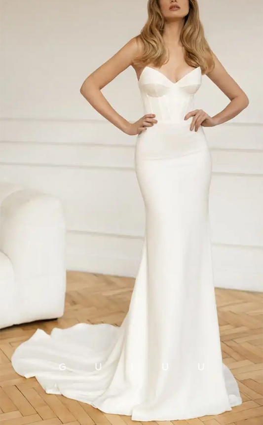GW695 - Chic & Modern Mermaid V-Neck Long Sleeves Satin Wedding Dress with Tulle Overlay and Sweep Train