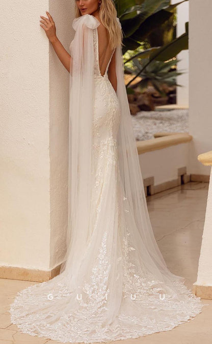 GW699 -Chic & Modern Sheath V-Neck Straps Floral Appliqued Boho Wedding Dress with Bows and Sweep Train